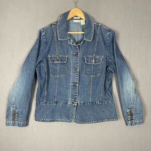 St. John's Bay Jacket Women's Large Blue Denim Stretch Long Sleeve Button Front
